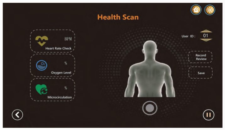 Health Scan screen showing heart rate check, oxygen level and microcirculation