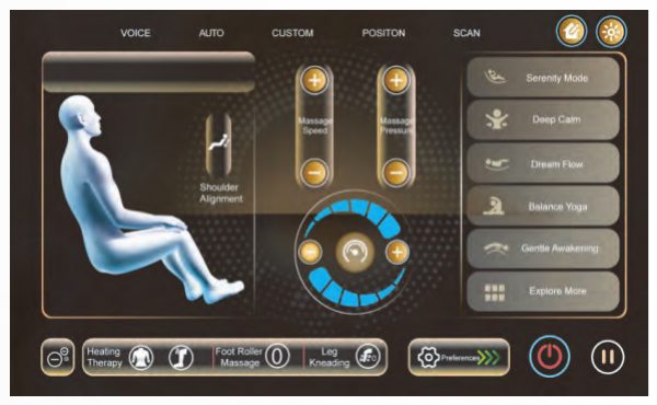 Main tablet control screen with voice, auto, custom, position and scan tabs