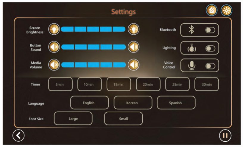 Settings screen with screen brightness, button sound, media volume, Bluetooth, lighting, voice control, timer, language and font size