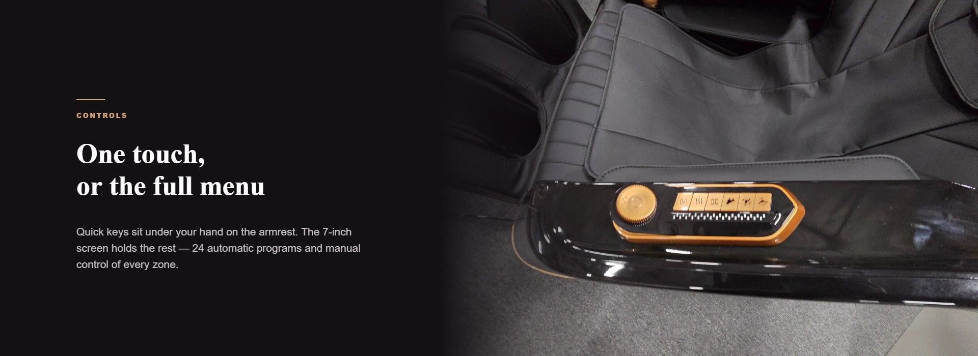 Armrest quick-key panel on the Legend massage chair