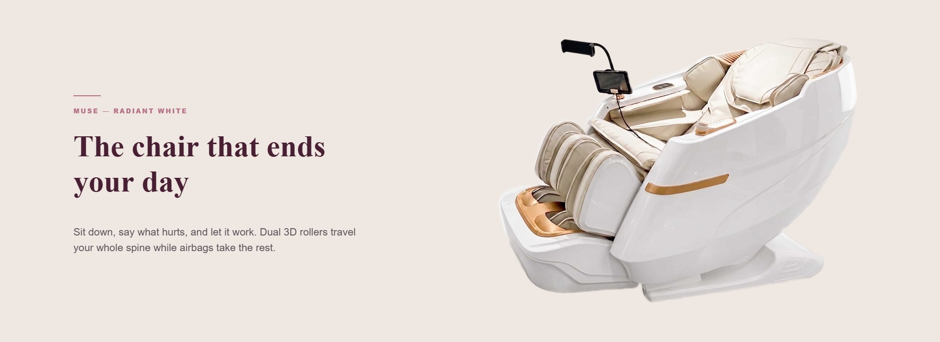 Muse massage chair in Radiant White, three-quarter view